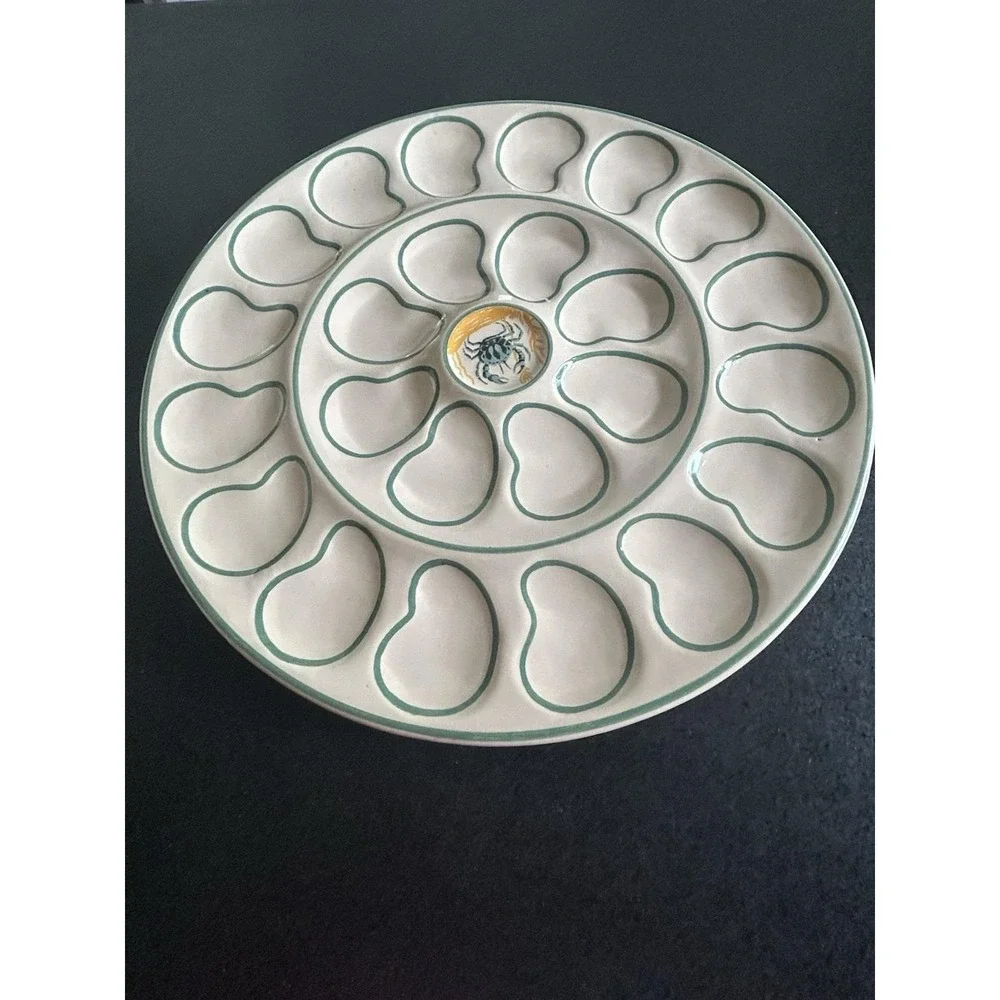 Henriot Quimper Hand Painted Ceramic Crab motif Oyster Plate holding 24 oysters
